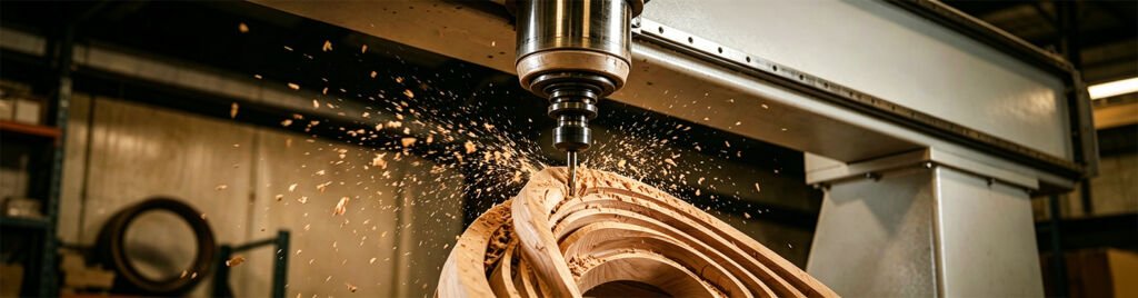 CNC wood machining process showing precise automated cutting and shaping workpieces in mechanical woodworking industry