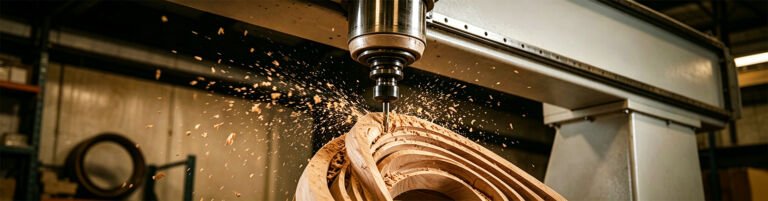 CNC wood machining process showing precise automated cutting and shaping workpieces in mechanical woodworking industry