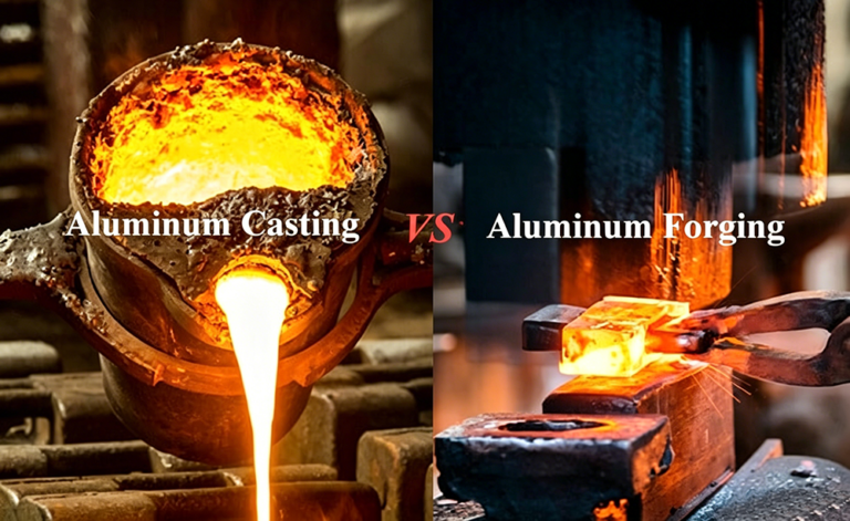 Side-by-side comparison of cast aluminum and forging aluminum mechanical blanks, metal raw material samples for CNC machining, industrial alloy component manufacturing reference