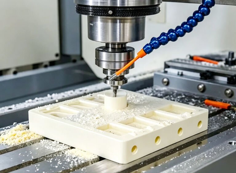 Finished solid nylon workpiece manufactured via precision CNC machining, showcasing smooth machined surfaces and custom dimensional tolerances for industrial mechanical component fabrication