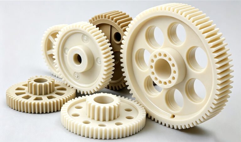 Custom nylon plastic components finished by precision CNC machining, featuring fine surface finishing and precise sizing for industrial mechanical spare part production.