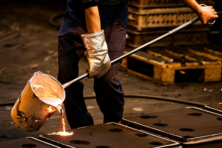 Raw and finished cast aluminum workpieces made by sand casting process, further refined with precision mechanical machining for heavy industrial equipment assemblies