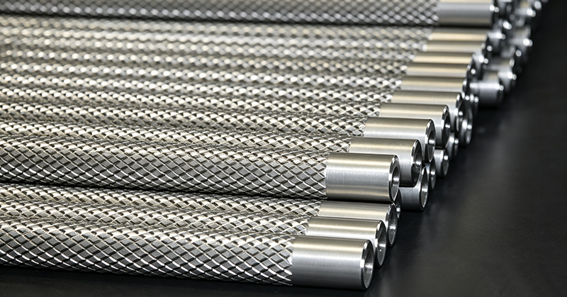 CNC machined metal part with precise straight knurling texture, metal knurling process for mechanical component anti-slip surface