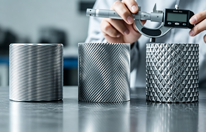 CNC lathe knurling process on metal workpiece, textured anti-slip surface machining for mechanical component.