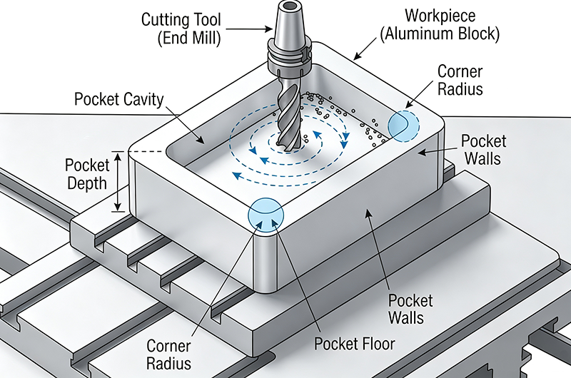 CNC pocket milling process showing end mill cutting internal cavity on metal workpiece during precision mechanical machining operation