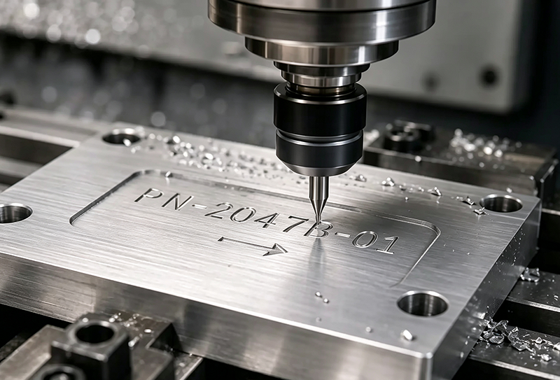 CNC machining center carries out text milling on solid metal workpiece to engrave clear permanent text and part markings.