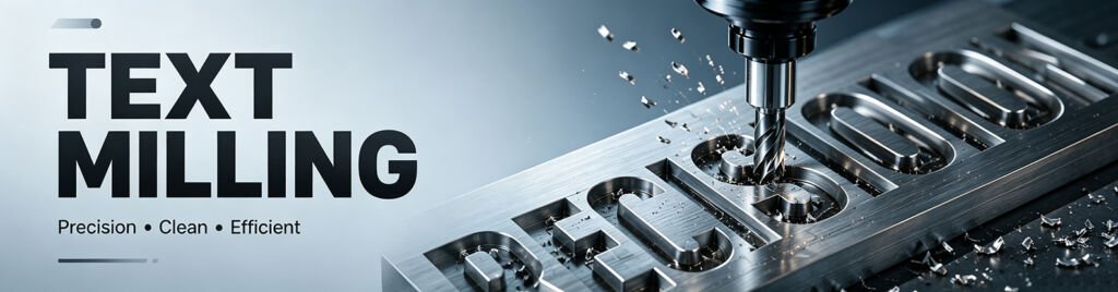 CNC machine performing text milling on metal workpiece, precision engraving process for mechanical component marking.
