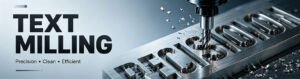 CNC machine performing text milling on metal workpiece, precision engraving process for mechanical component marking.