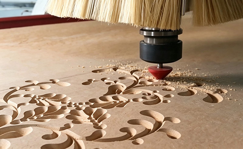 CNC machine performs V-Carving text milling, cutting sharp angled lettering and markings on solid material workpiece.