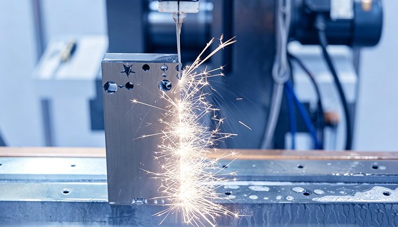 Close-up view of precision metal workpiece processed via Electrical Discharge Machining, showing fine machined surface finish for industrial mechanical component manufacturing.