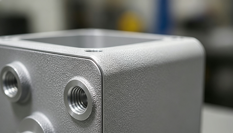 Machined metal workpiece after glass bead blasting surface finishing process for mechanical components, uniform matte surface treatment on precision machined part.