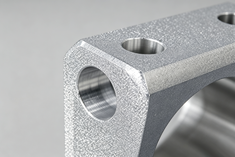 Machined metal component with uniform bead blast finish, precision CNC machined part featuring consistent matte surface treatment for mechanical applications.