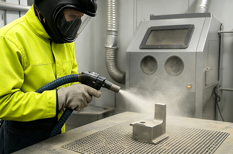 Vapor blasting surface finishing process for precision machined metal parts, creating uniform matte clean surface without heavy material removal.