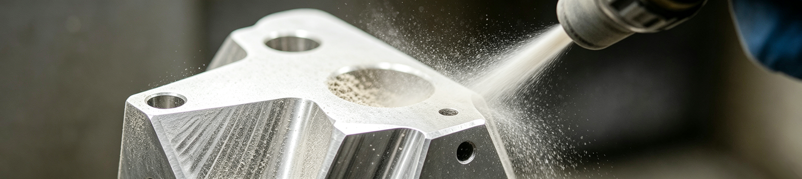 CNC machined metal workpiece with bead blasting surface finish, industrial mechanical component after abrasive blasting surface treatment process.
