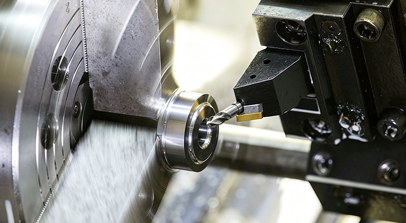Grinding machining process showing precision surface finishing on metal workpiece in mechanical manufacturing workshop