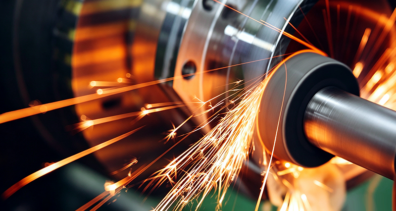 Grinding machining process for precision metal workpiece, industrial abrasive grinding operation in mechanical manufacturing workshop.