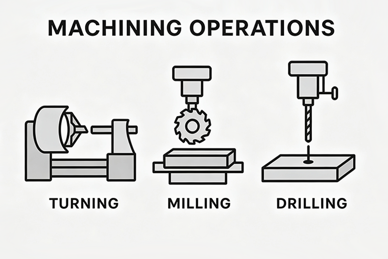 Side‑by‑side comparison of grinding, milling and turning machining processes. Shows different metal removal methods for precision part manufacturing in mechanical machining industry.