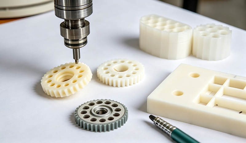 Precision CNC machined polymer workpiece, visual reference for nylon vs polyamide material comparison within mechanical manufacturing component development.