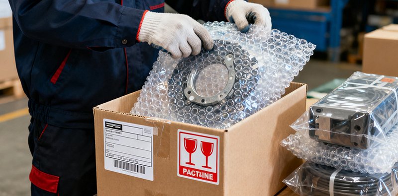 Final inspection and delivery for precision CNC machined components, quality inspectors checking dimensional tolerances of finished mechanical parts before outbound shipment.