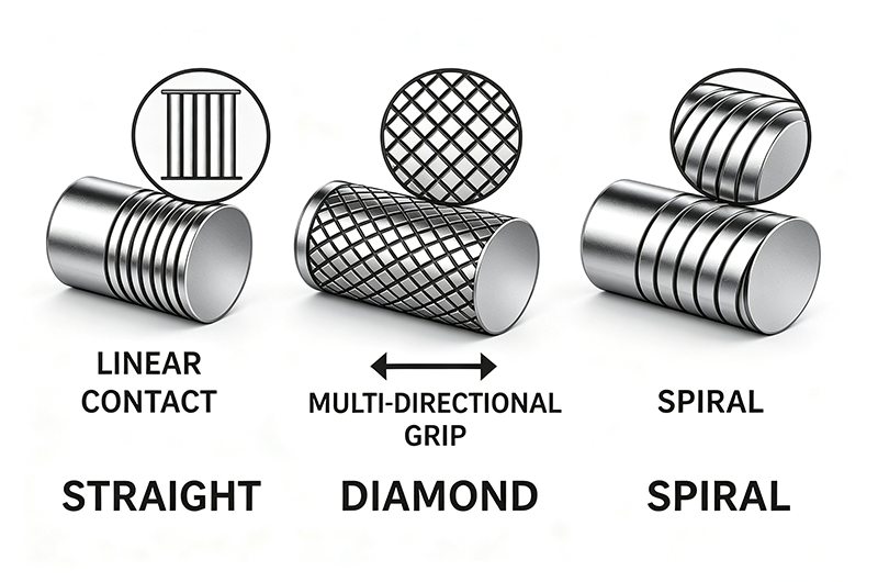 Three knurling patterns shown side by side — straight, diagonal, diamond — on cylindrical metal machining samples