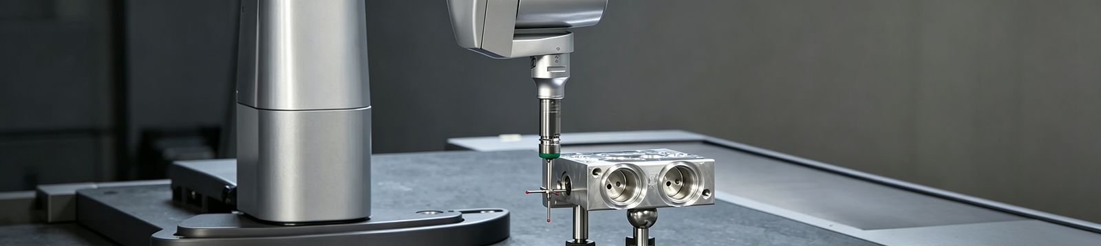 Industrial CMM coordinate measuring machine inspects precision machined parts in workshop. High accuracy 3D dimensional measurement for CNC manufactured components.