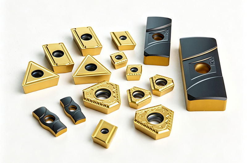 Close-up of lathe cutting insert, precision turning cutting tool for metal machining in CNC lathe processing.