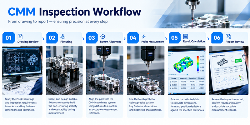 Workflow diagram showing CMM inspection process: drawing review, fixturing, datum alignment, probe measurement, calculation and report review for precision machined parts.