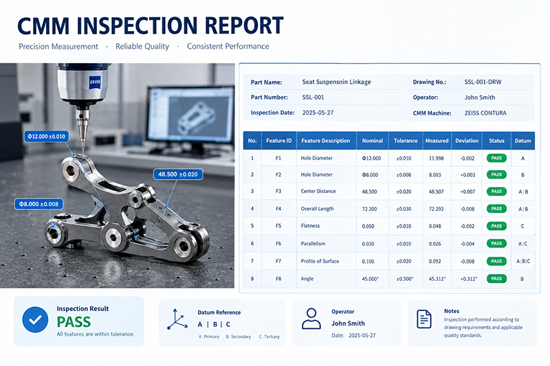 Simplified CMM inspection report sample showing feature ID, nominal value, tolerance, measured data, deviation, status, datum and operator fields for mechanical part quality checking.