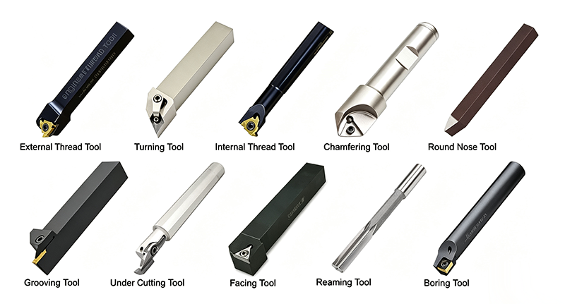 Lathe machining tooling for metal turning, precision CNC lathe cutting tools used in mechanical manufacturing for high tolerance workpiece processing.