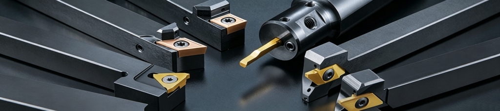 CNC lathe tooling set, precision turning cutting tools for metal machining, used in lathe workpiece roughing and finishing operations for stainless steel and alloy parts