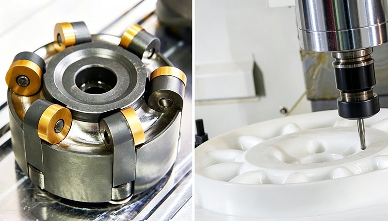 Diagram comparing peripheral milling and end milling cutting paths for CNC machining operations.