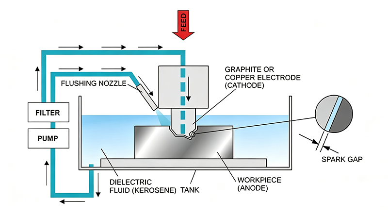 Sinker EDM close-up view showing precision die sinking electrical discharge machining on metal workpiece for custom mechanical component manufacturing