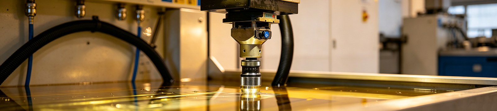 Sinker EDM process, precision electrical discharge machining for metal mold and custom mechanical parts, close-up view of workpiece during spark erosion manufacturing