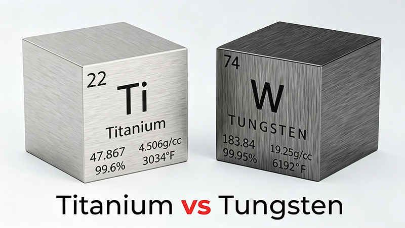 Side‑by‑side material comparison of tungsten and titanium for precision CNC machining, showing physical specimen differences for mechanical manufacturing selection.