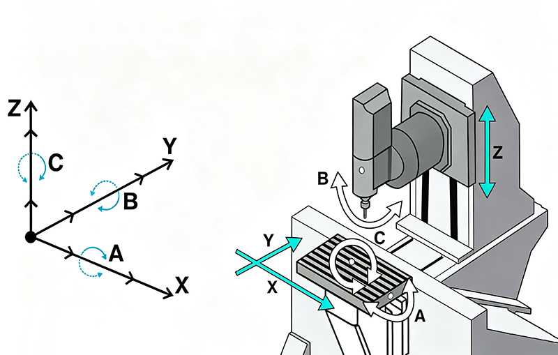 What Is Multi‑Axis Machining? CNC multi‑axis machining center cutting complex metal workpiece with simultaneous multi‑direction tool movement for precision mechanical parts manufacturing.