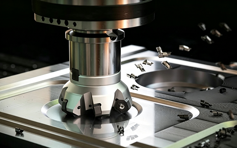 CNC peripheral milling operation on solid metal workpiece, precision side cutting performed by vertical machining center during custom mechanical part fabrication