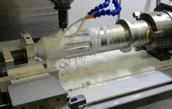 4-axis CNC machine performing precision small batch machining of metal components with multi-angle cuts