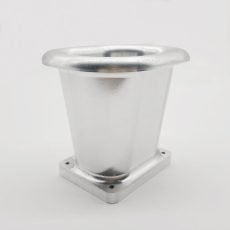 Automotive billet ram tube with base, manufactured by spin/hydroforming, welding, and CNC finishing, made from 6061-T6 aluminum alloy and polished for enhanced aesthetics and durability.