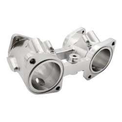 CNC machined automotive double valve body made of 6061-T6/7075 aluminium alloy with 5-axis precision milling, multi-surface linkage, bore turning, partial drilling and tapping, and anodised surface treatment for automotive applications.