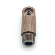 Aluminum alloy (6061 or 6063) garden light arm connector produced by CNC turning and milling, finished with heat transfer wood grain process, designed for outdoor and garden equipment.