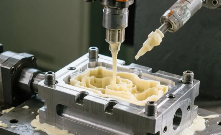 Hot chamber casting process in mechanical manufacturing, showing the equipment and operation.