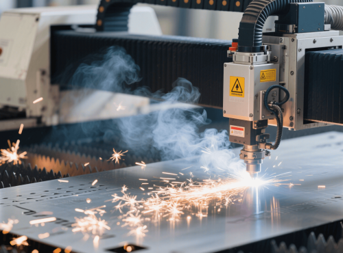 Laser cutting services in the mechanical industry, showing the process of using a laser cutter to cut metal sheets precisely.