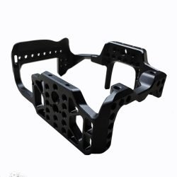 CNC-machined photography accessory stand crafted with 5-axis milling and drilling/tapping, made from 6061-T6 aluminum alloy, finished with black sandblasted anodization for consumer electronics applications.