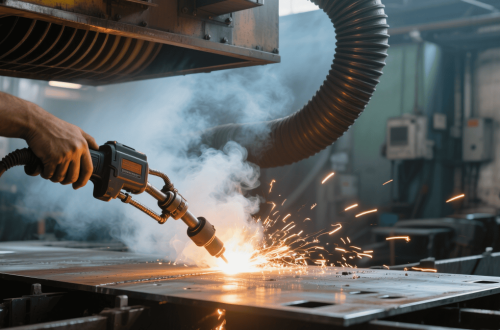 Plasma cutting services in the mechanical industry, showing the process of using a plasma cutter to cut through metal materials.