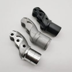 Bicycle shock absorber seat ports front link made from aluminium 6061-T6, manufactured through forging and CNC precision machining, finished with anodized coloring for outdoor use.